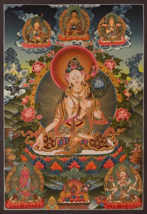 White Tara Original Hand-Painted Tibetan Thangka | Kwan Yin Female Goddess